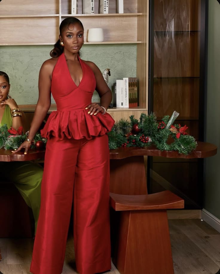 Red Satin Women Sets Long Loose Pant And Halter Top 2 Pieces
