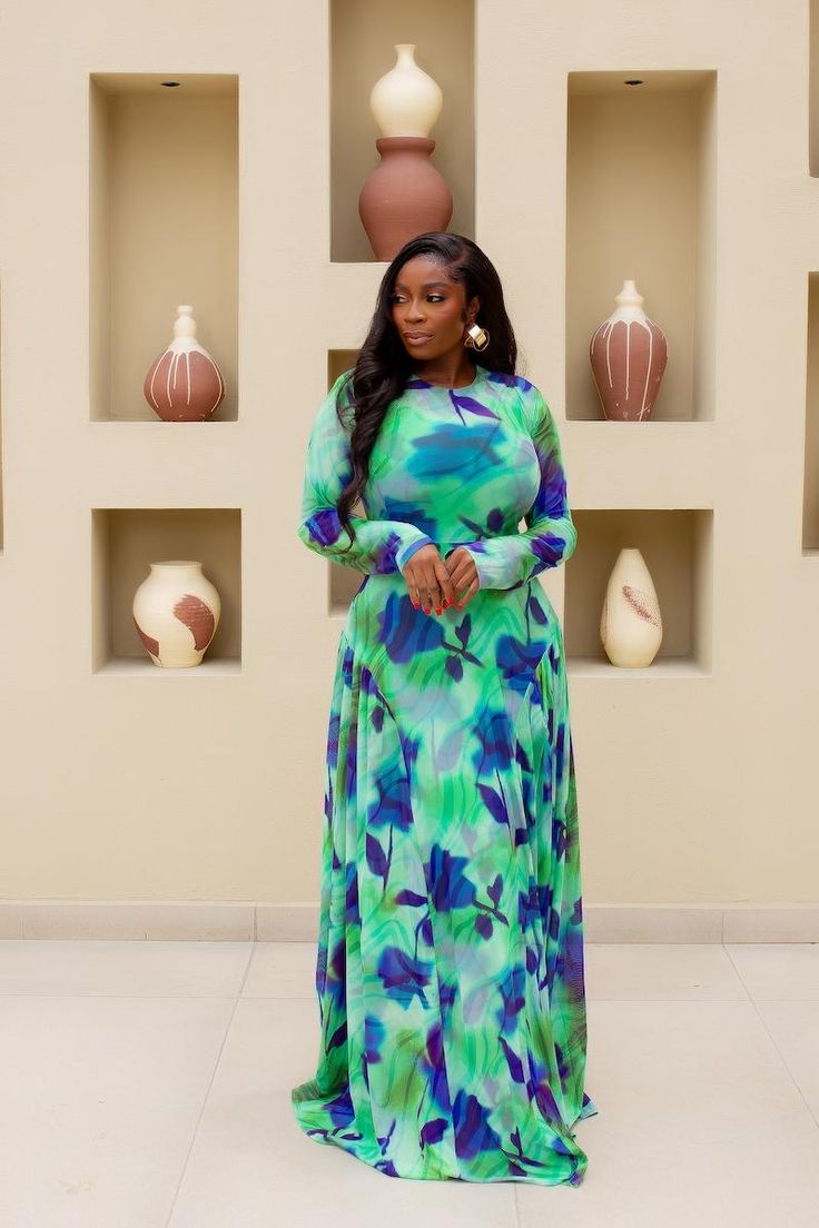 long-sleeved floral print tight pleated sexy women's dress