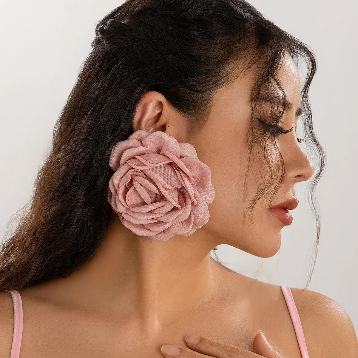 Big Fabric Rose Flower Earrings