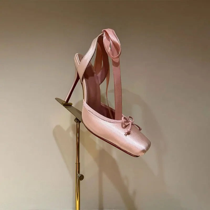European and American Niche High-heeled Square Toe Ankle Strap Satin Bow Ballet Toe
