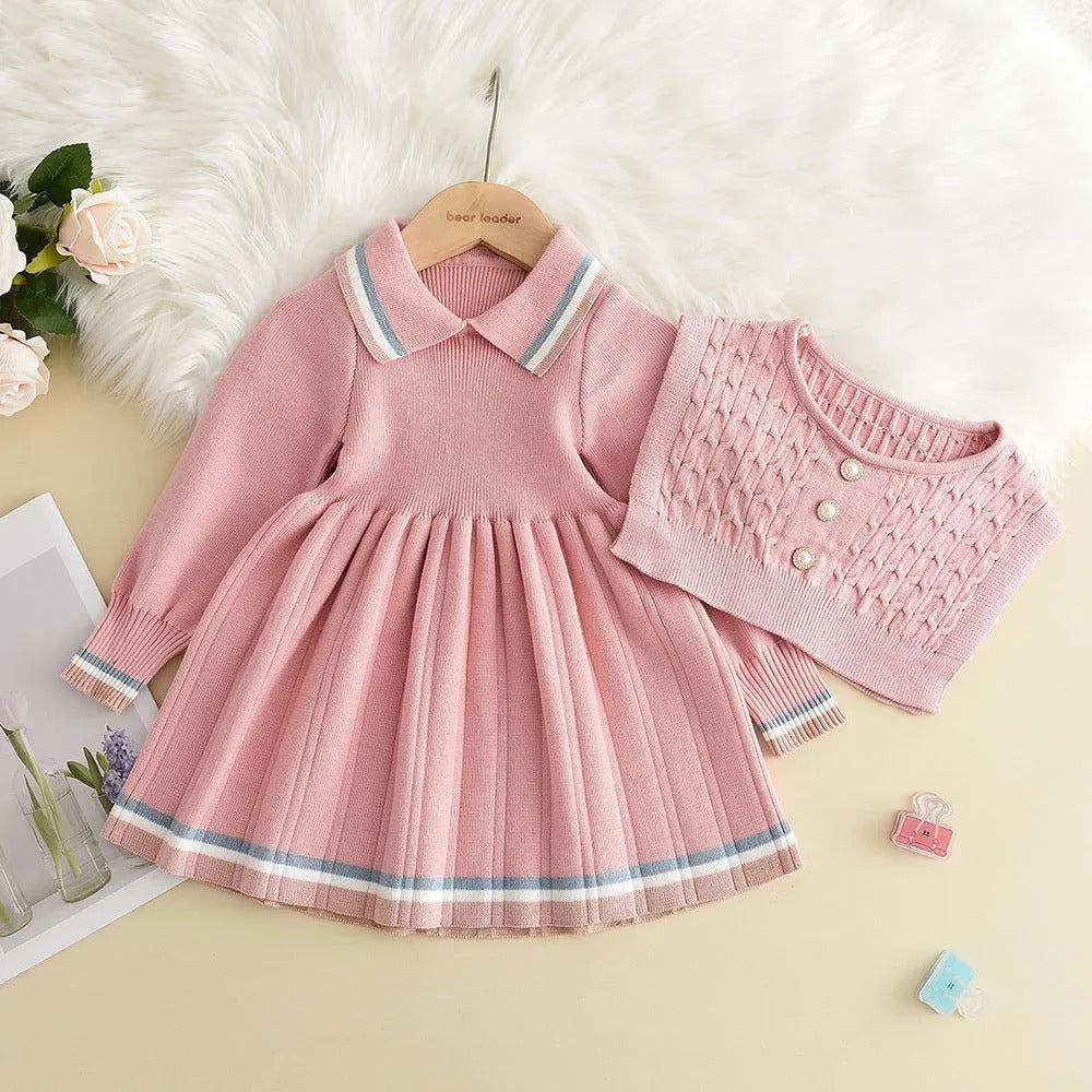 Dress Vest Stripe Party Girl Baby Retro Knitted Wool Dress Casual Vestidos.