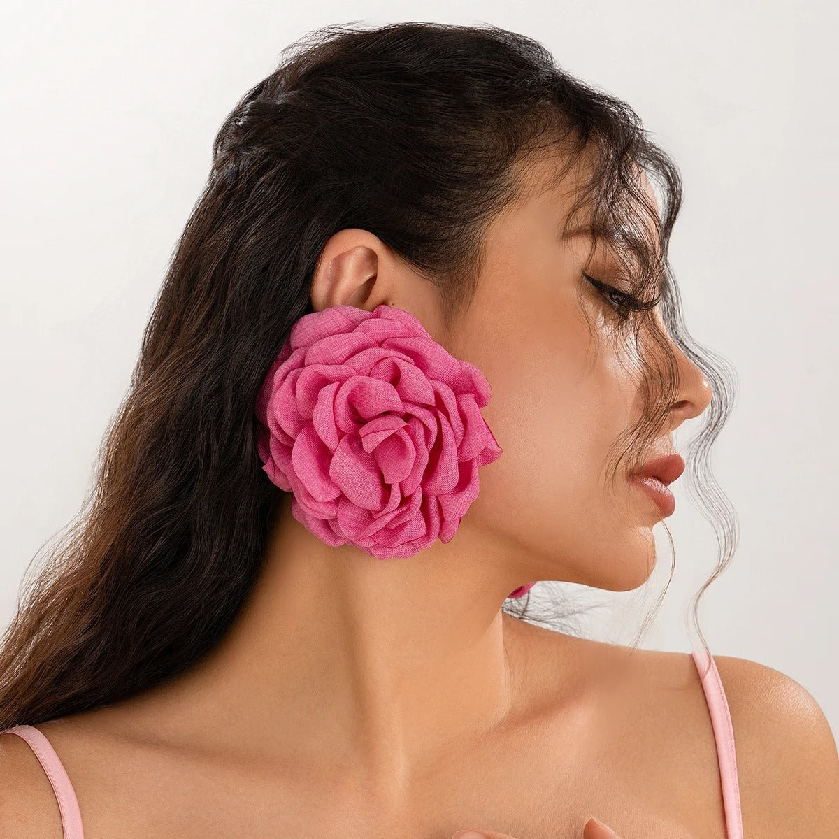 Big Fabric Rose Flower Earrings