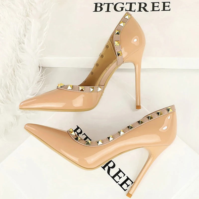 BIGTREE Shoes Rivet Design Women Pumps Patent leather High Heels