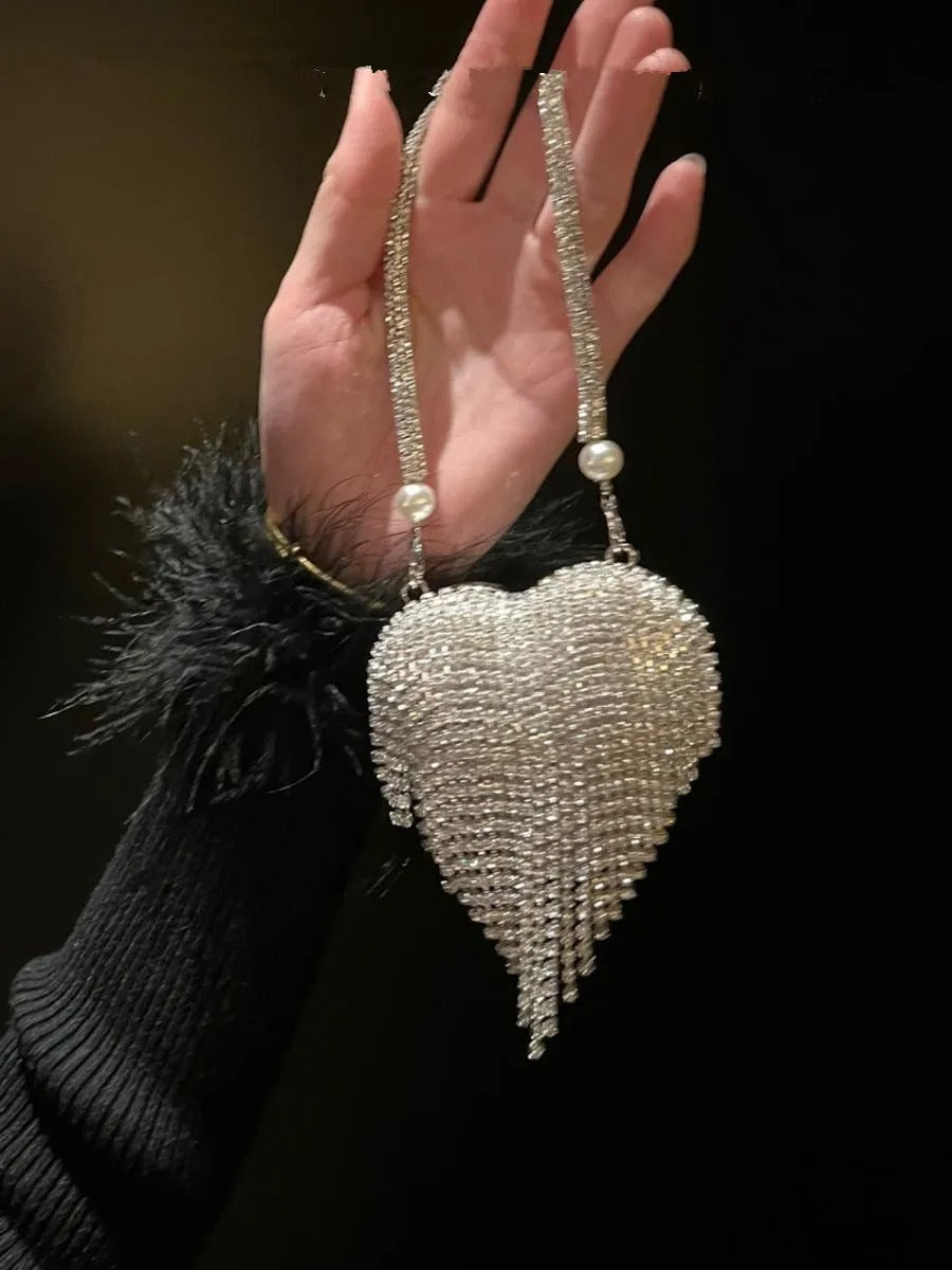 Luxury Small Bling Heart Shape Diamond Evening Clutch Rhinestones Purse