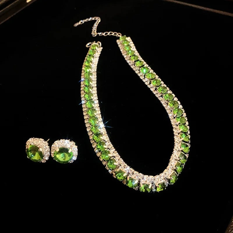 Luxury Green Rhinestone Necklace Stud Earrings