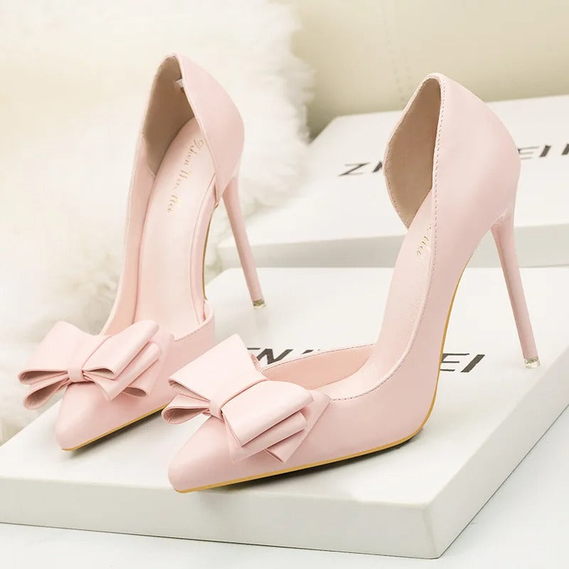 Sweet Bow High Heels Stiletto High Heels Shallow Mouth Pointed Side Hollow Luxury Designer Heels