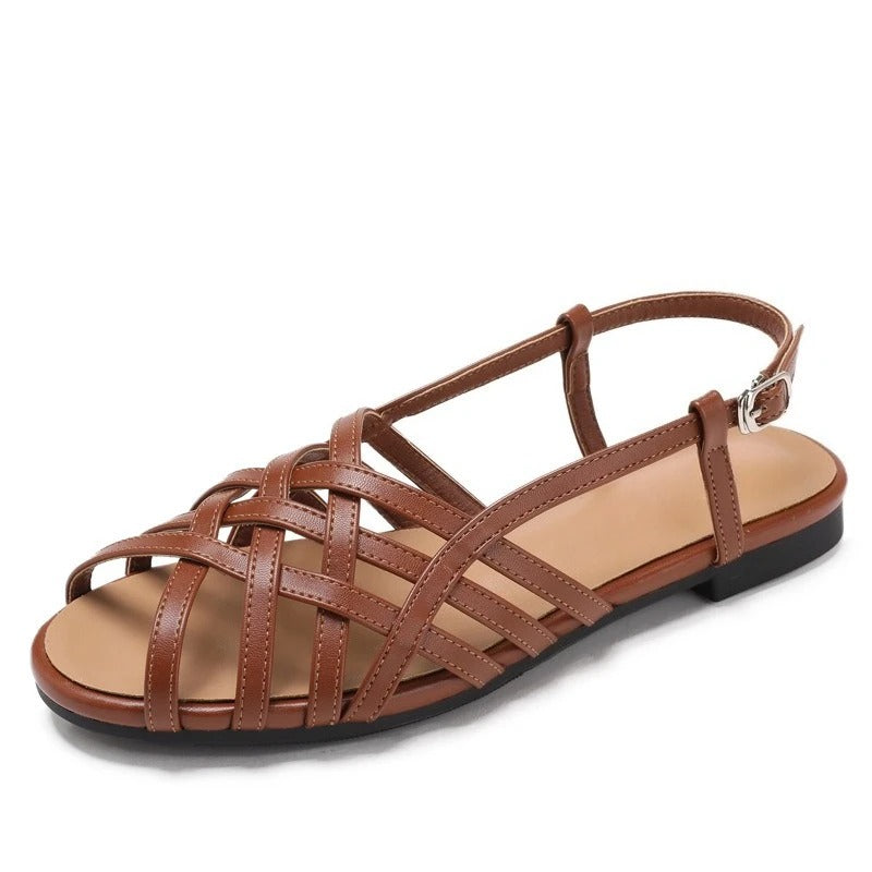 Peep Toe Low Heels Women Roman Sandals Soft Sole Hollow Out Woven