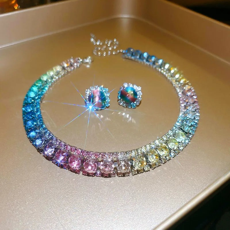 Luxury Green Rhinestone Necklace Stud Earrings