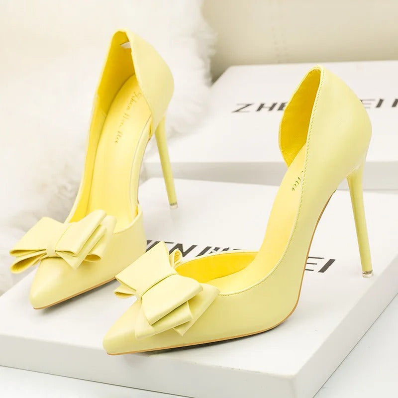 Sweet Bow High Heels Stiletto High Heels Shallow Mouth Pointed Side Hollow Luxury Designer Heels