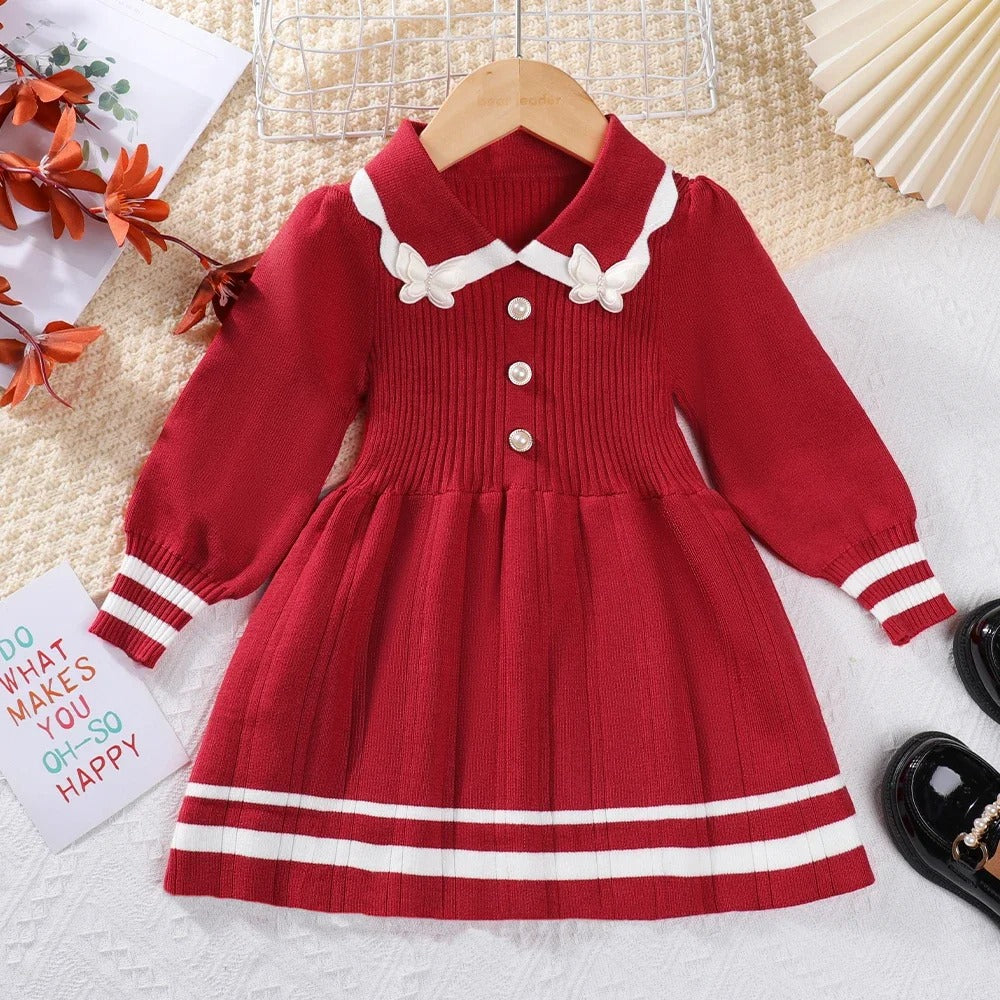 Dress Vest Stripe Party Girl Baby Retro Knitted Wool Dress Casual Vestidos.