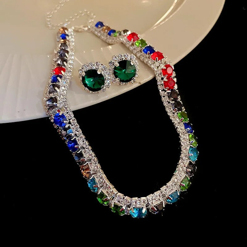 Luxury Green Rhinestone Necklace Stud Earrings