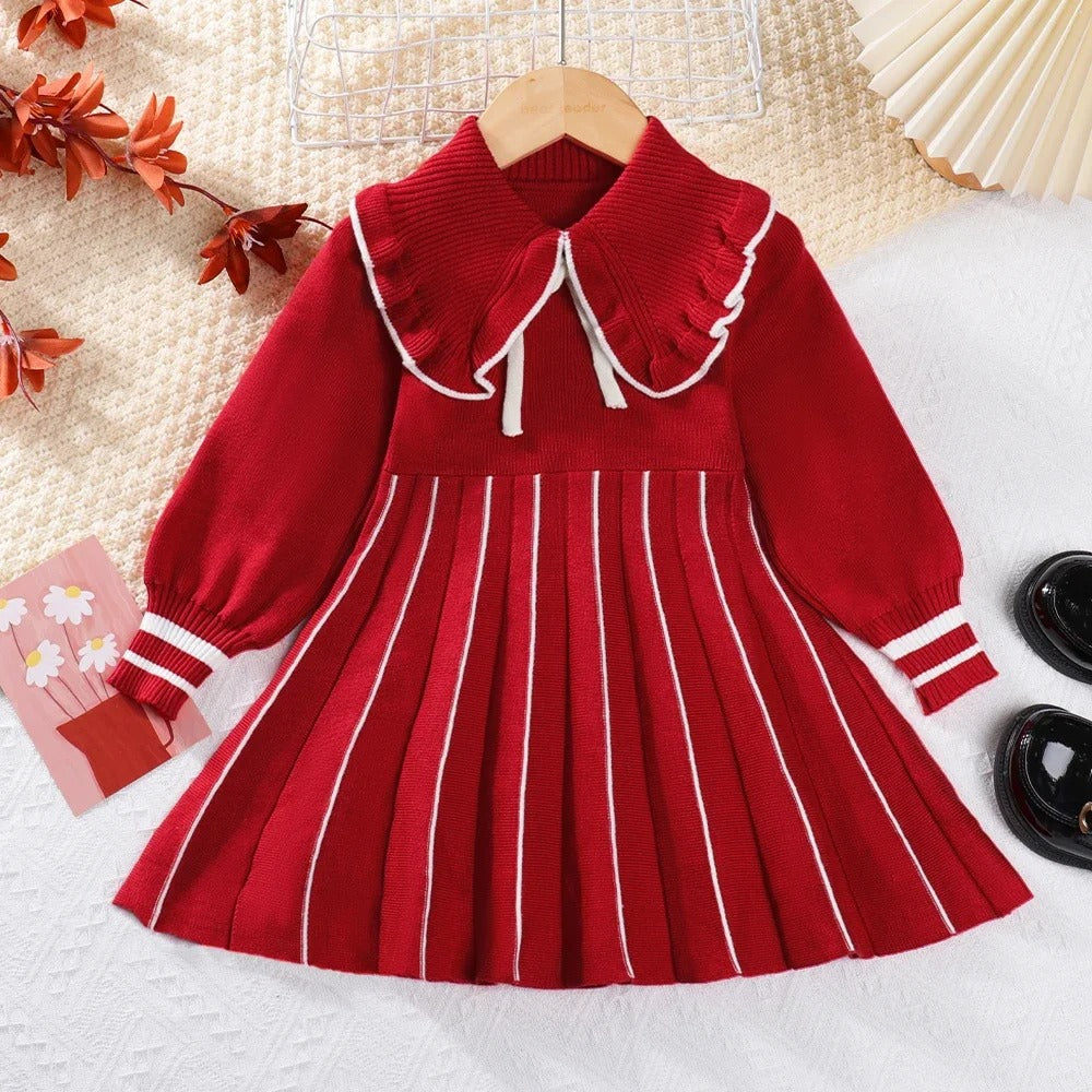 Dress Vest Stripe Party Girl Baby Retro Knitted Wool Dress Casual Vestidos.