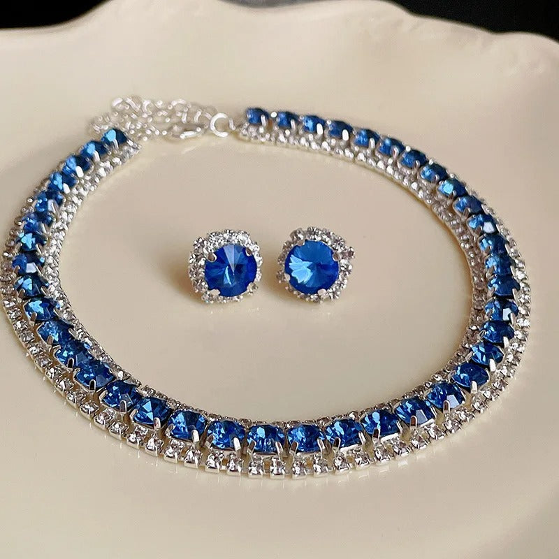 Luxury Green Rhinestone Necklace Stud Earrings