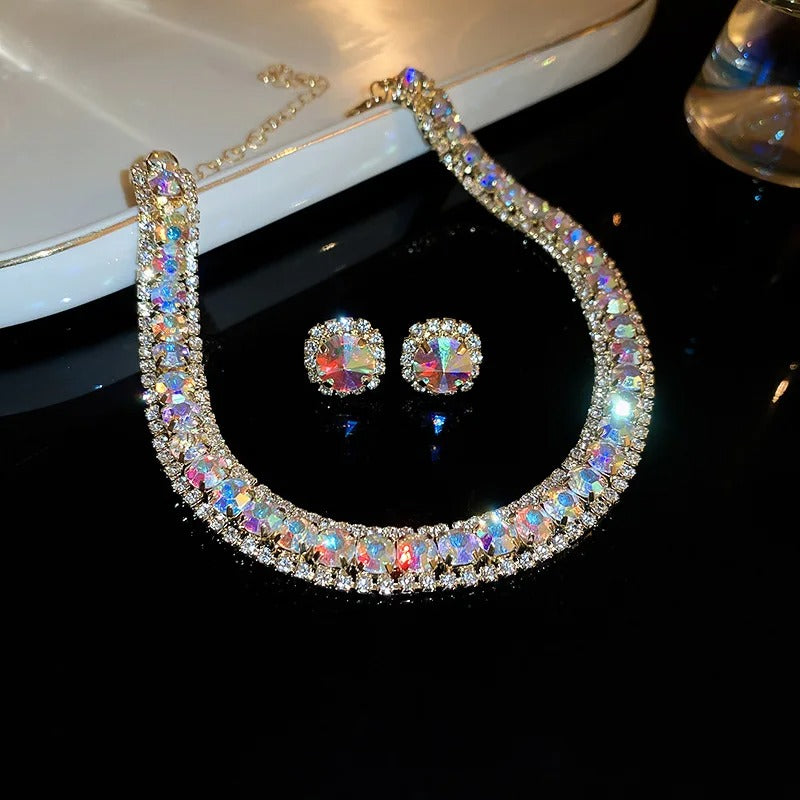 Luxury Green Rhinestone Necklace Stud Earrings