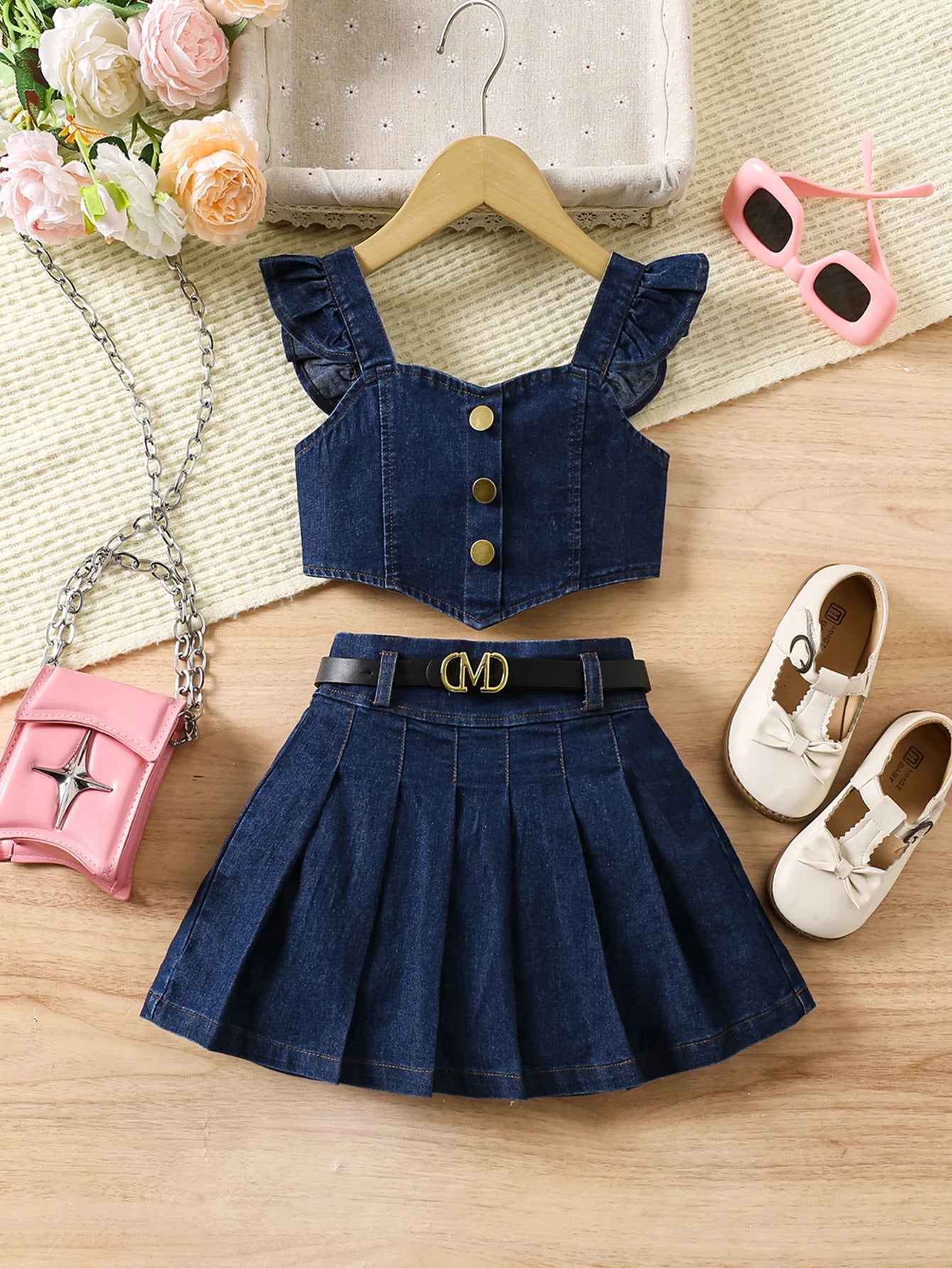 Girls' Two-Piece Set: Houndstooth-Printed Top with Bow Detail and Back Cutout + Flare Pants with Split Cuffs