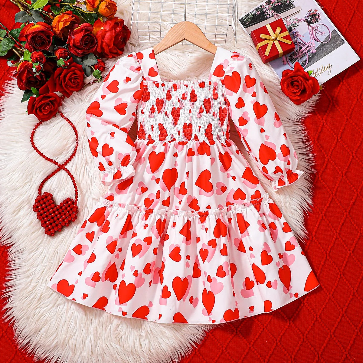 Collar Drawstring Waist Red White Contrast Princess Skirt for Kids.