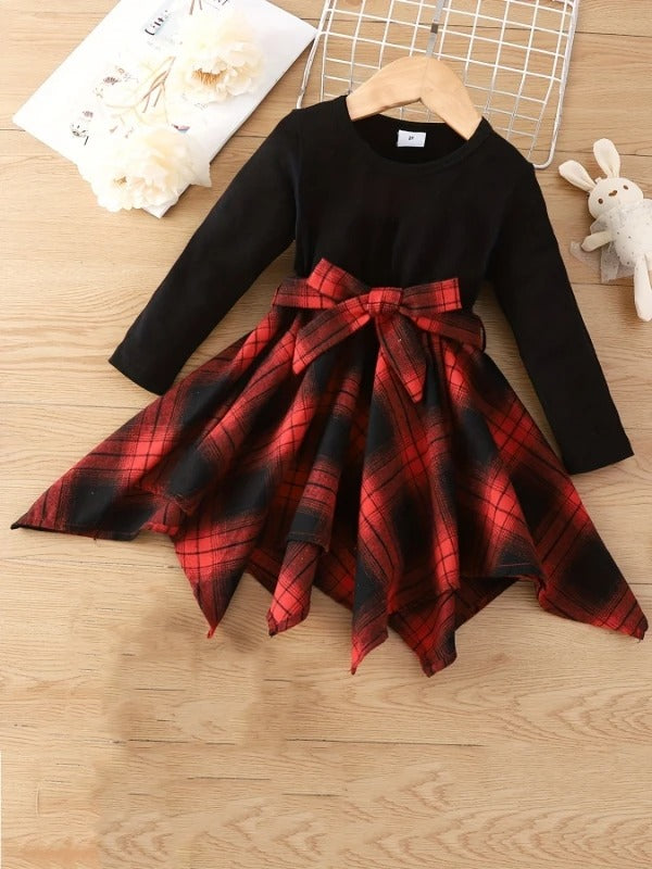Kids' Retro Plaid Dress | Black &amp; Red Color Block with Big Bow Waist