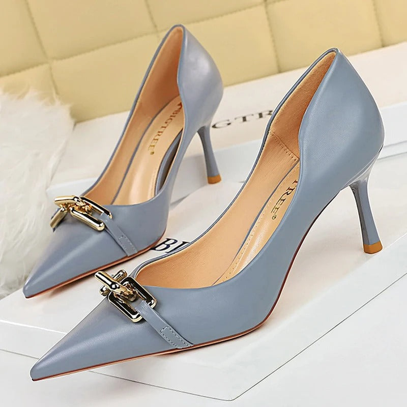 BIGTREE Shoes Elegant Women Pumps Metal Button Kitten Heels