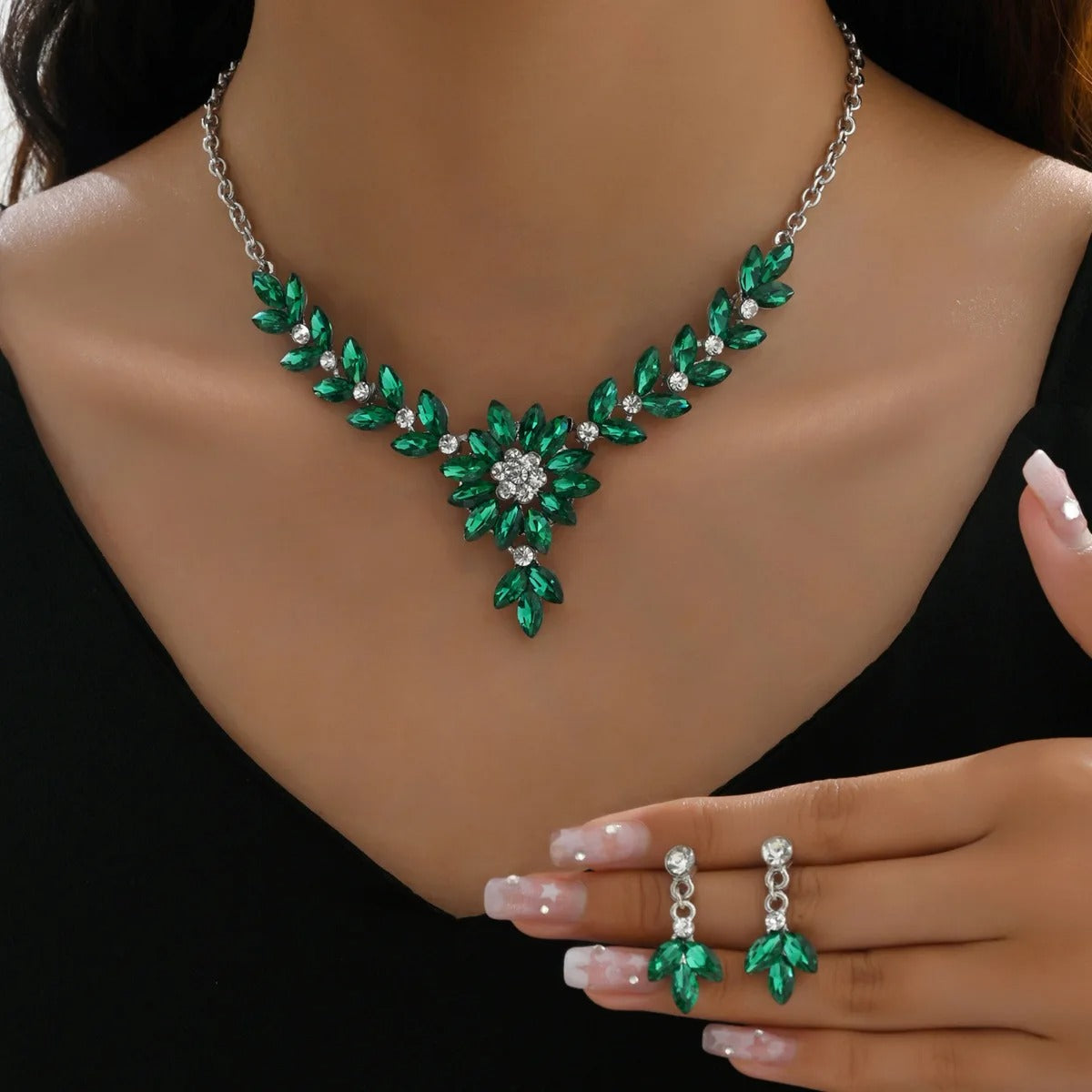 crystal contrasting flower necklace earrings