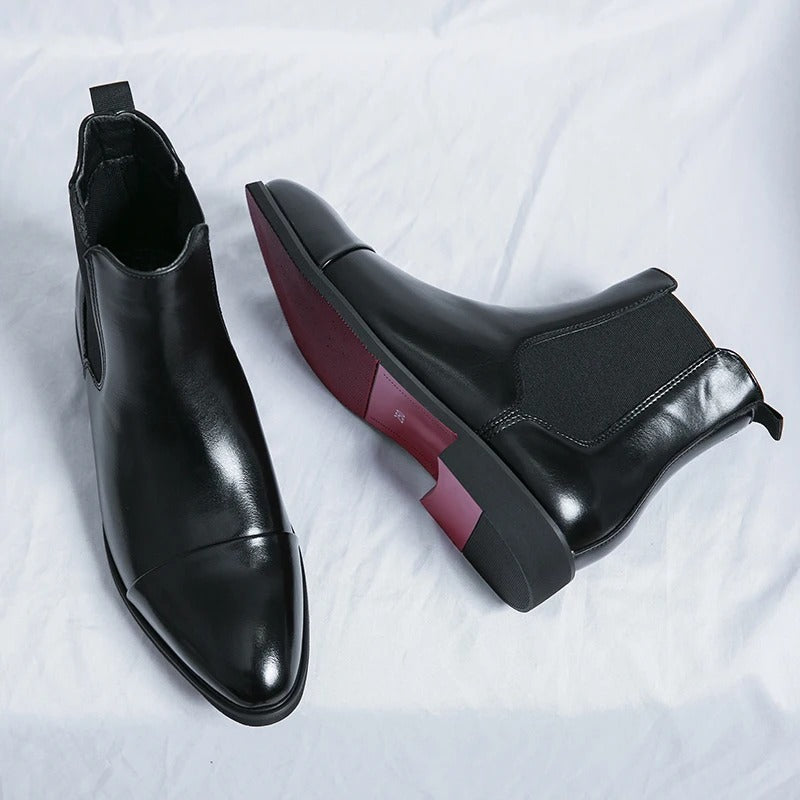 Chelsea Boots for Men Red Sole Pu Ankle Business Round Toe Slip-On