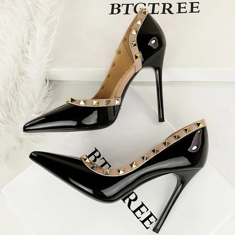 BIGTREE Shoes Rivet Design Women Pumps Patent leather High Heels