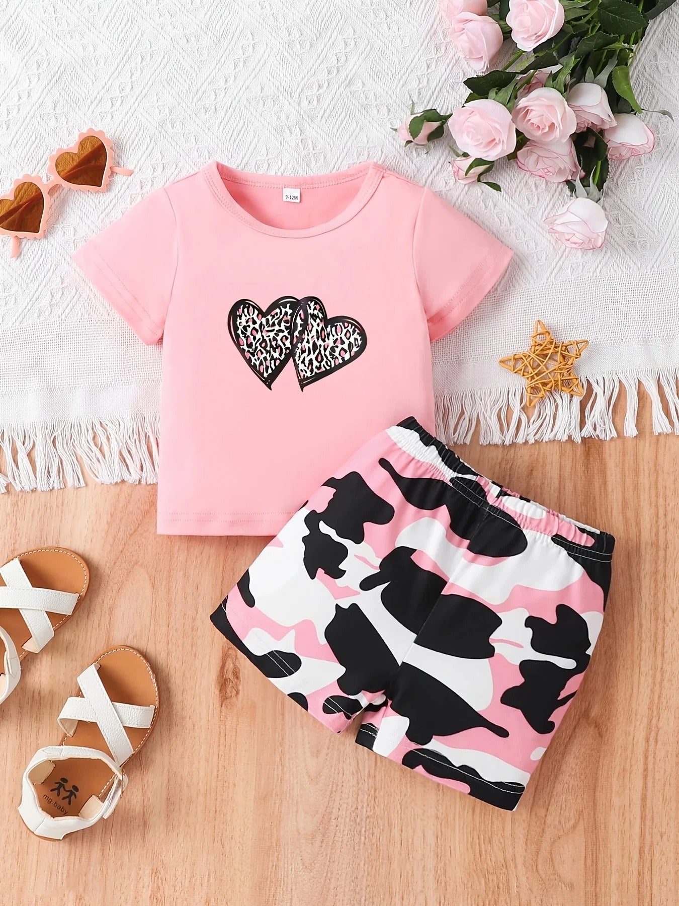 Baby Girl 2Pcs Pink Heart Tee + Camo Shorts Summer Casual Set