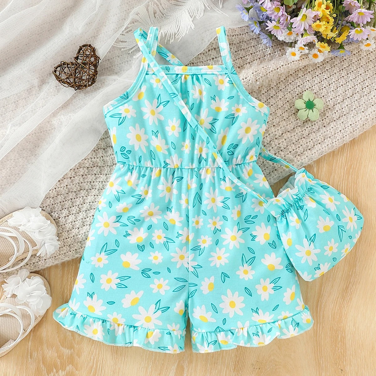 Baby girl baby fashionable casual flower full body printed suspender jumpsuit
