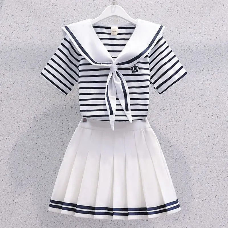 Girls Summer Casual Striped Sailor Collar Short Sleeve Suits