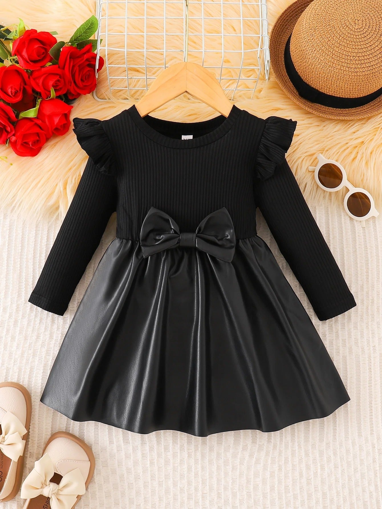 Spring/Autumn Baby Girls' Round-Neck Dress with Bow