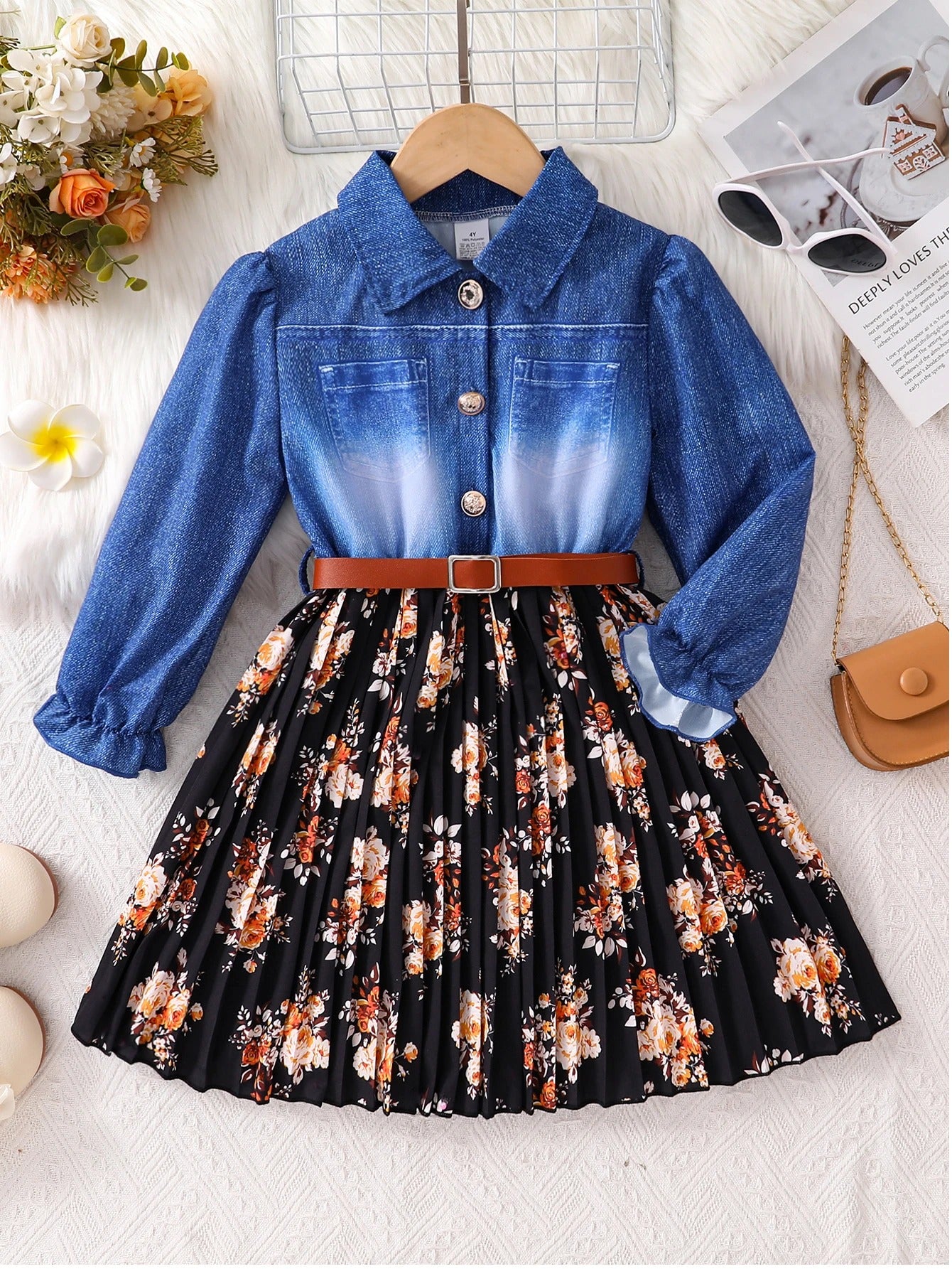 Faux Denim Waist-Cinching Patchwork Floral Dress for Spring, Autumn, and Winter. Girls' Elegant Button-Up Dress