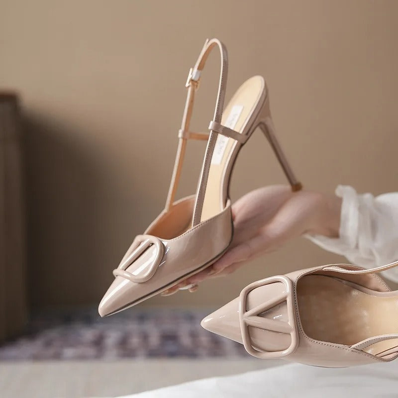 Women's Pointed Toe Slip-On Sandals with Buckle V-Strap High Heels
