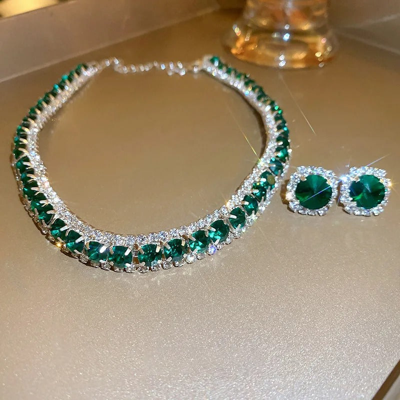 Luxury Green Rhinestone Necklace Stud Earrings