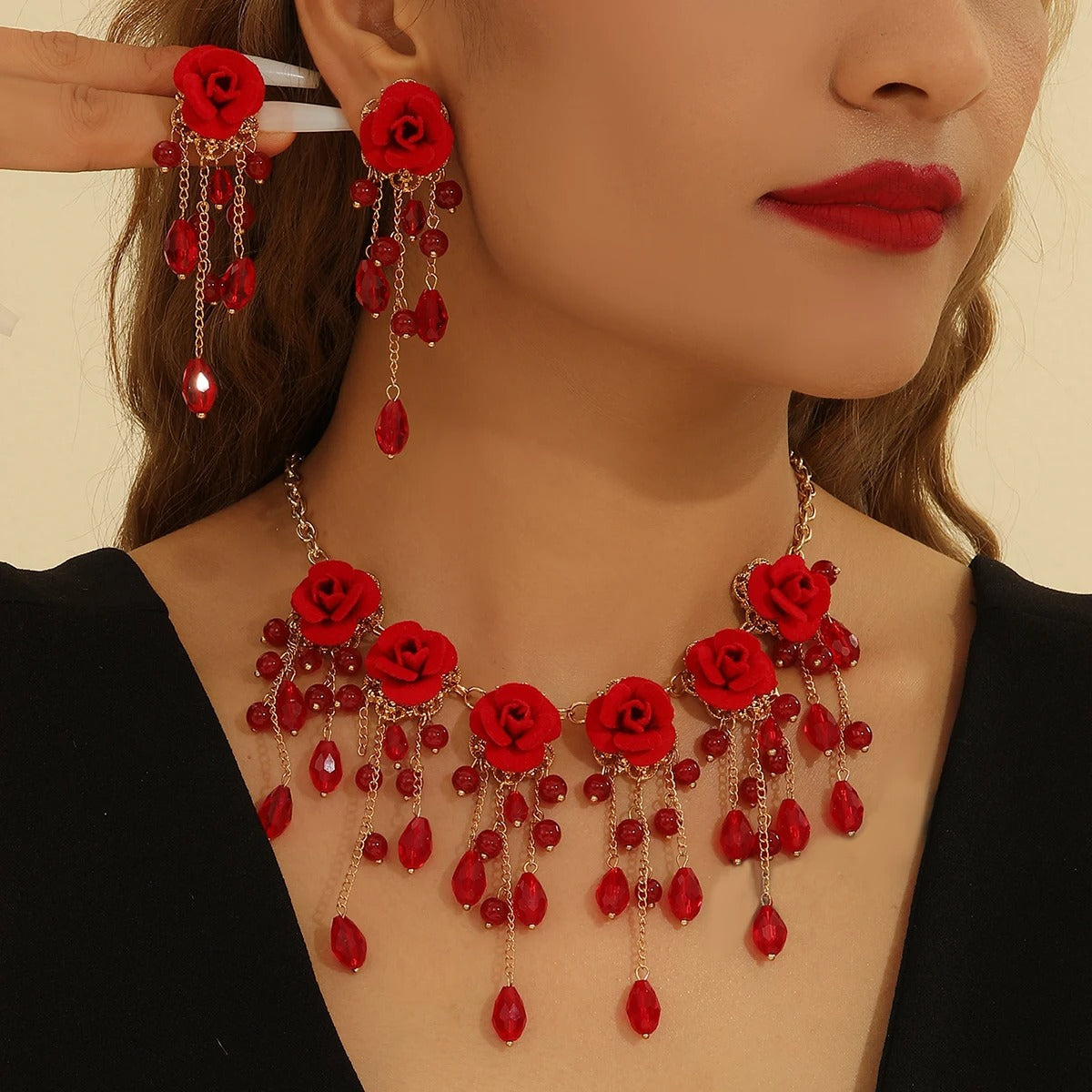 Red Rose Crystal Tassel Pendant Necklace and Earrings