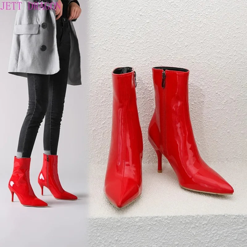 PU Leather Zipper Women Booties High Heels