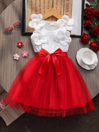 Dress with 3D Floral Embellishments, Tulle Skirt and Bow Accents.