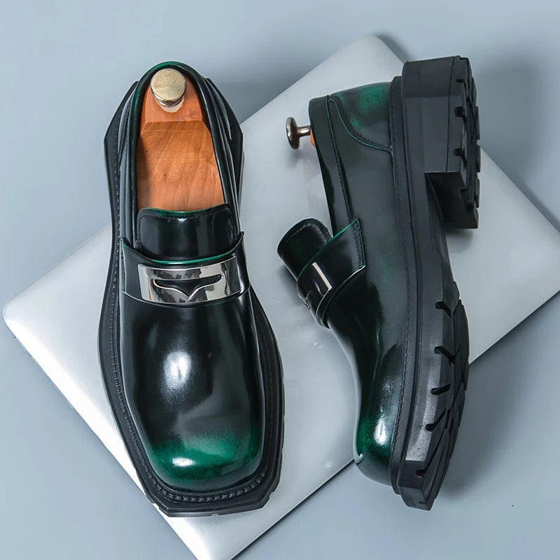 Thick Bottom PU Leather Men Green Loafers Wedding