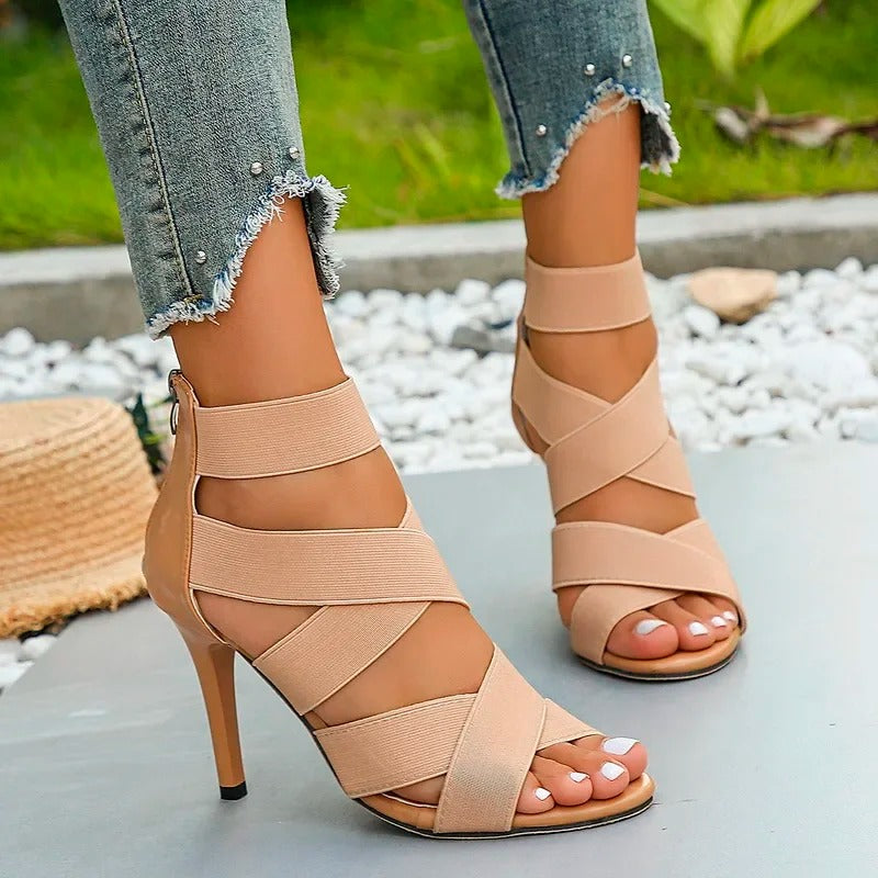 Elastic Broadband Crossover Zipper Gladiator Shoes Party Wedding Pumps.