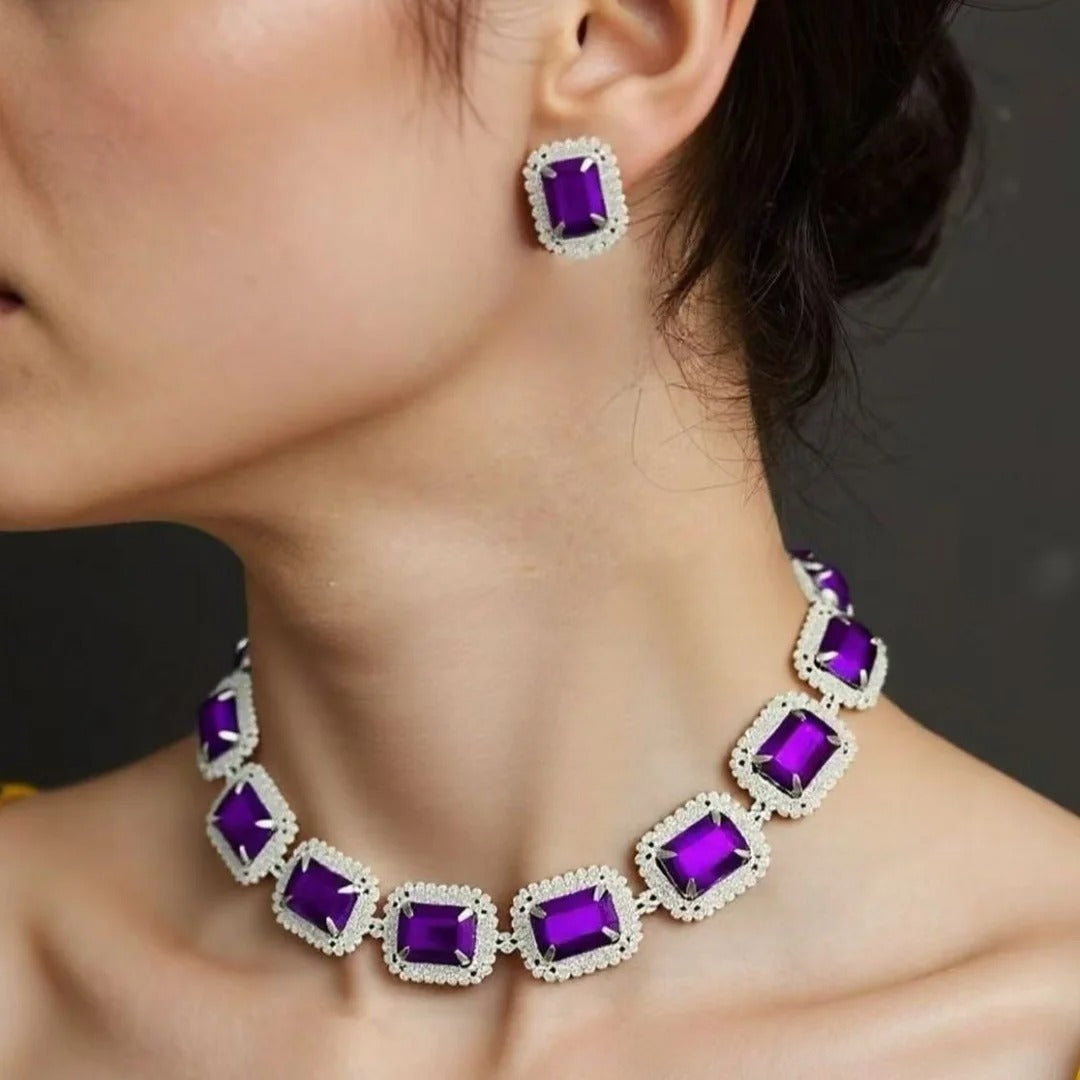 Rhinestone Purple Necklace Earrings Set