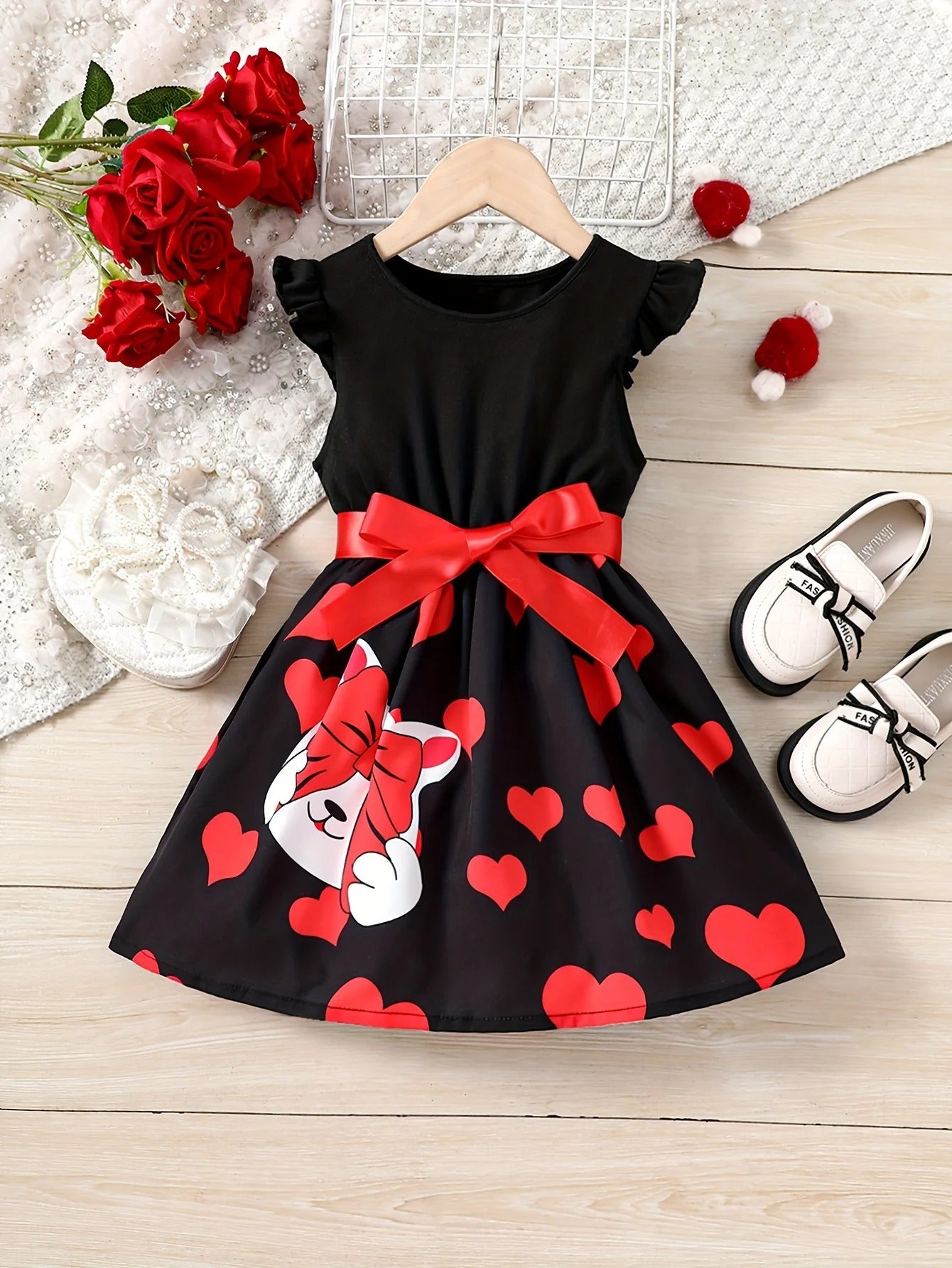 Print, Animal Cartoon Bowknot Appliqué Princess Dress, Holiday Party, with Ribbon.