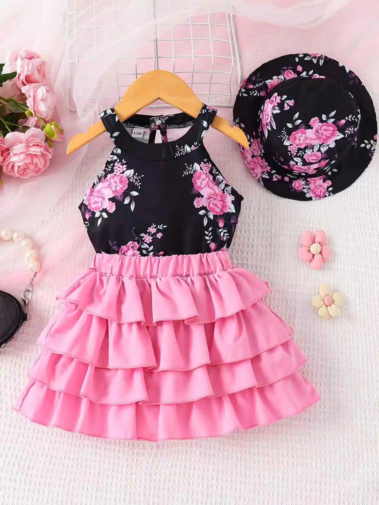 Toddler Girl Black & Pink Floral 3pcs Set Halter Top + Tiered Skirt + Matching Hat Kids Party Dress Set