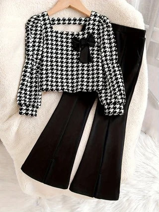 Girls' Two-Piece Set: Houndstooth-Printed Top with Bow Detail and Back Cutout + Flare Pants with Split Cuffs