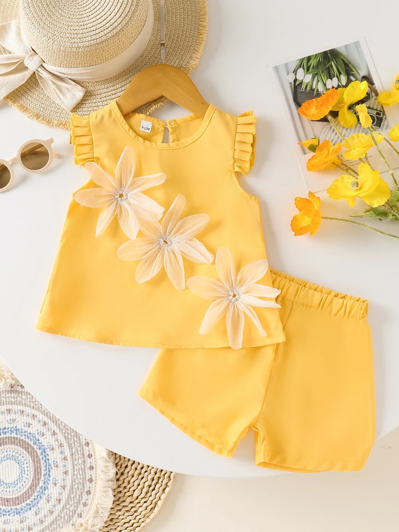 Toddler Girls' 2-Piece Set Yellow Sleeveless Top & Shorts Flower Decor 0-3Y