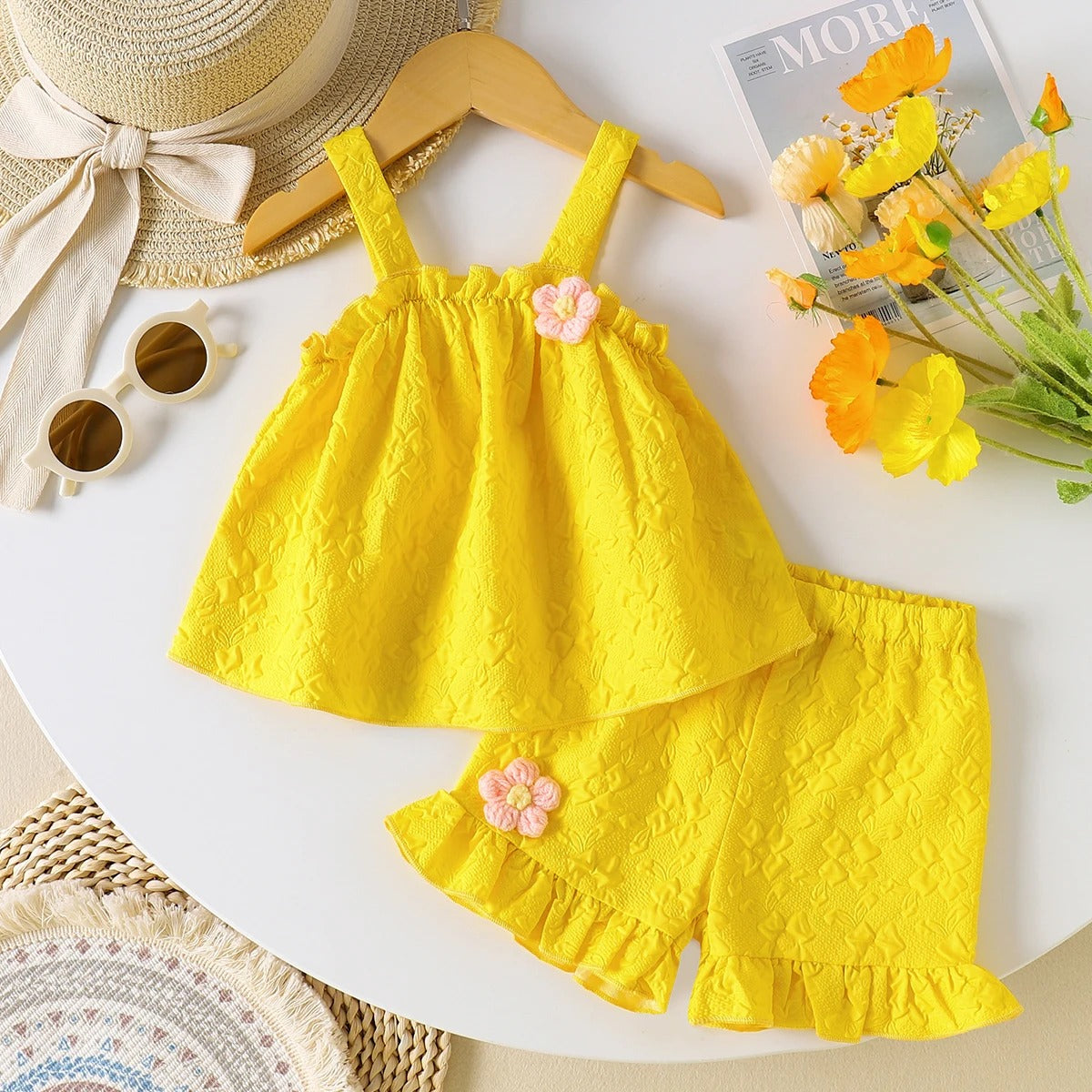 Girls' Yellow Jacquard Set: Floral Appliqué Camisole Top + Ruffled Shorts