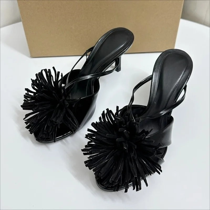 Brand Design High Heels Women Mules Shoes Unique Tassel Flower Party Date