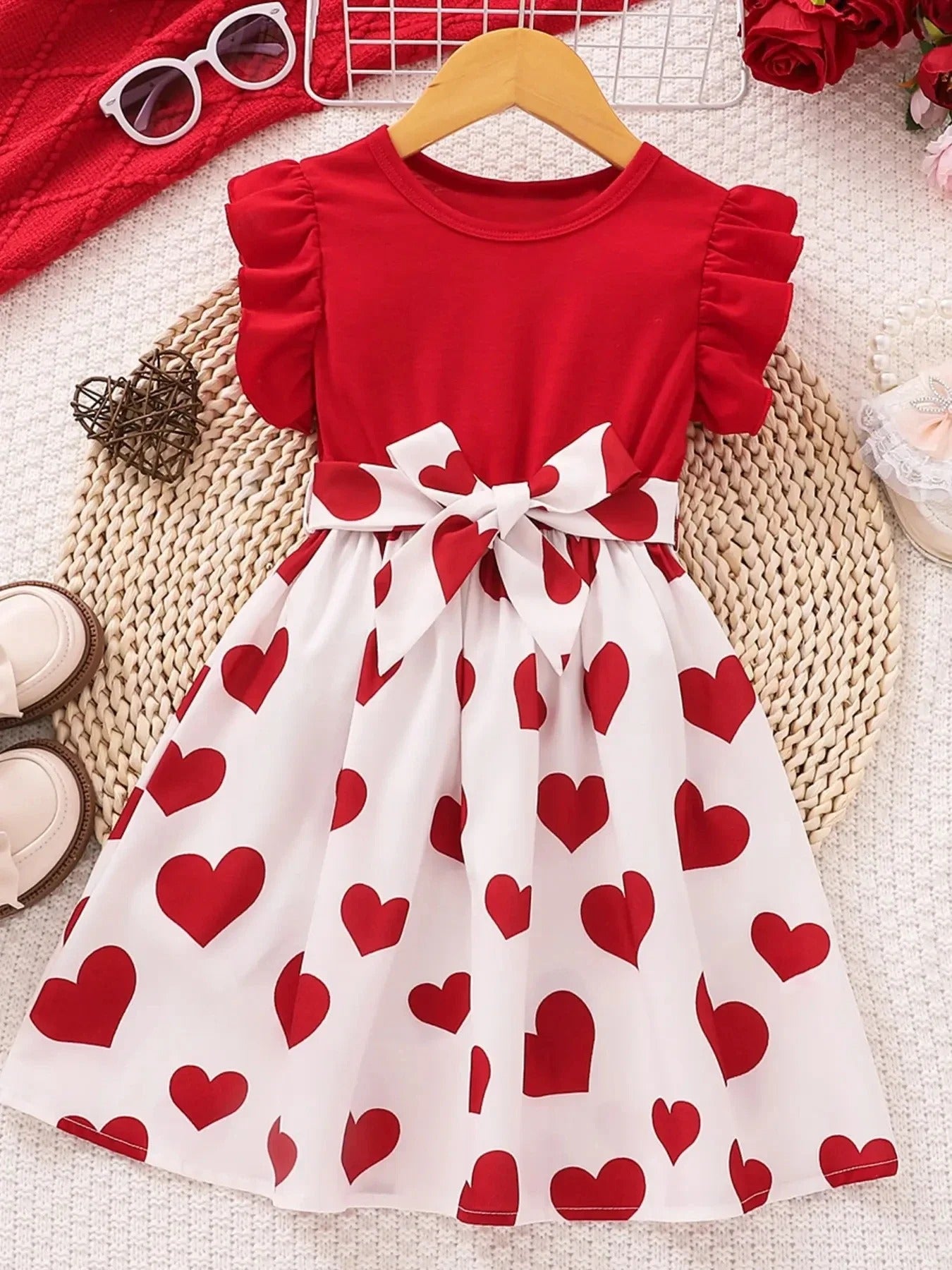 Summer Cute Red Love Princess Children's Short sleeved Dress Casual Party Clothing