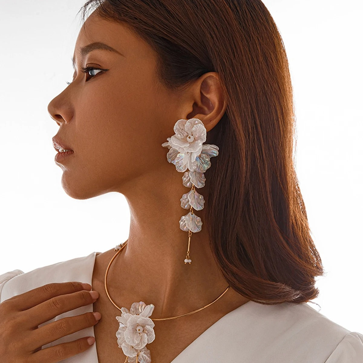 Large Colorful White Scallop Flower Earrings