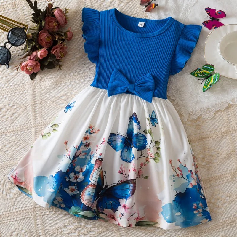 Summer New Girl's Butterfly Printed Dress 3-7Y Flying Sleeves