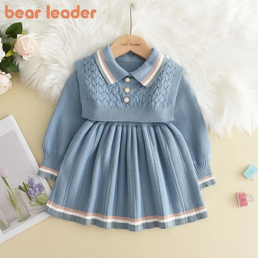 Dress Vest Stripe Party Girl Baby Retro Knitted Wool Dress Casual Vestidos.