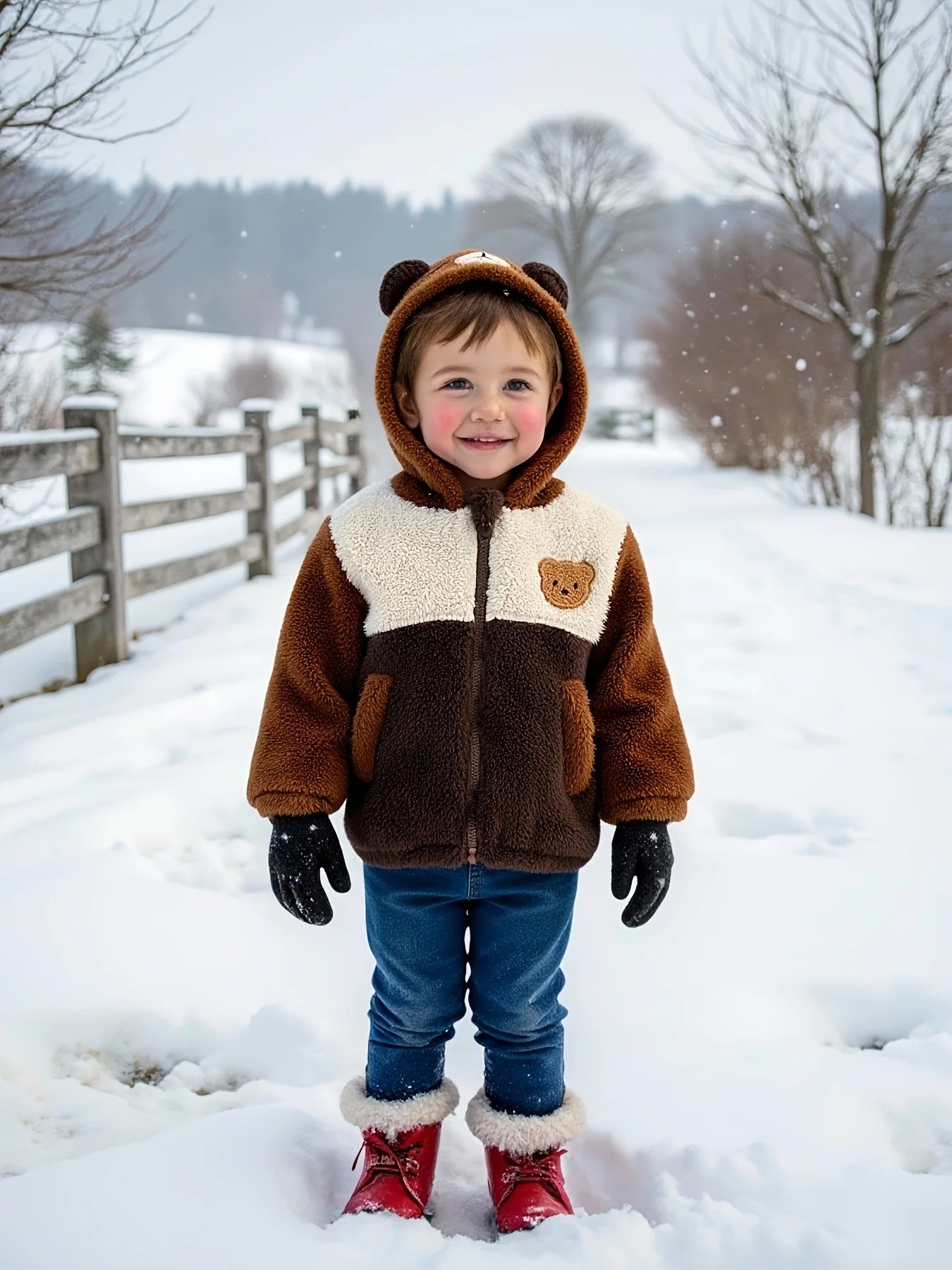 Winter Little Bear With Sticker Embroidery Hooded Plush Jacket And Winter Warm Zipper Shirt