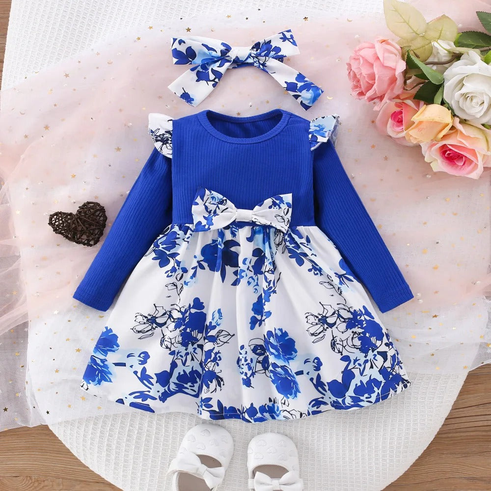 (6 Months -3 Years Old) Spring And Autumn New Blue Flower Baby Girl Dress